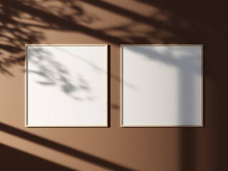 Minimal picture poster frame mockup on the wall with window shadow and leaves