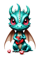 Cute baby dragon with hearts, love concept, valentine's day. Transparent background, generative ai