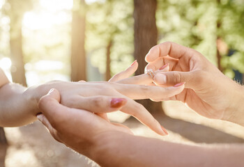 Closeup, hand and engagement ring in forest for love or commitment with couple in woods. Proposal, nature and jewellery in outdoor for special occasion to save the date for marriage celebration.