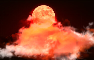 Blood Moon, Red moon, real full blood moon in black sky with cloud.