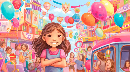 cute little girl princess in children abstract pink world, made with Generative AI