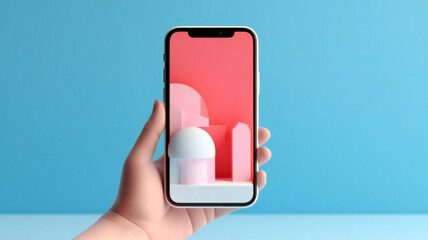 Colorful Background with Smartphone in Hand Holding, Vibrant Patterned Background with Copy Space, Advertising Design Element Abstract 3D Render of Digital, Creative Graphic Design Visual Concept
