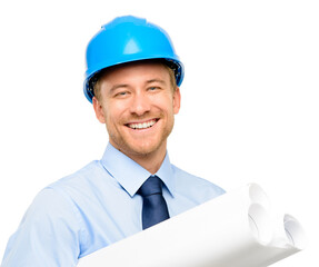 Architecture, blueprint and isolated with portrait of man in studio for engineering, happy and building, Graphics, floor plan and construction with male contractor on white background for inspection