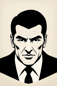 illustration of a headshot of a male mafia boss. (AI-generated fictional illustration)