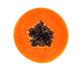 Slice of ripe papaya fruit with seeds isolated on transparent background. PNG