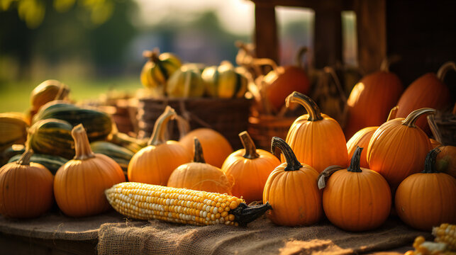 pumpkins and corn on the colb in autumn