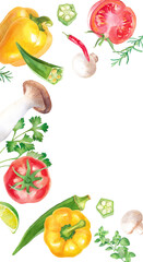新鮮な夏野菜とハーブの水彩イラスト。ヘルシーイメージバナー背景。トマト、オクラ、キノコ、パプリカ、パセリ、他。