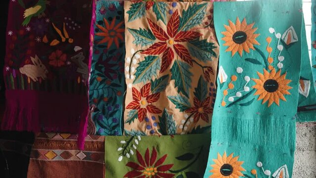 Typical Tzotzil Hand-Woven Textiles In The Maya Village In Zinacantan, Chiapas, Mexico