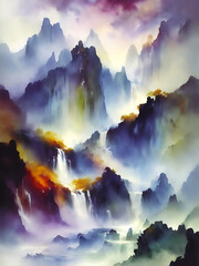 Watercolor paint of Waterfall. AI generated illustration