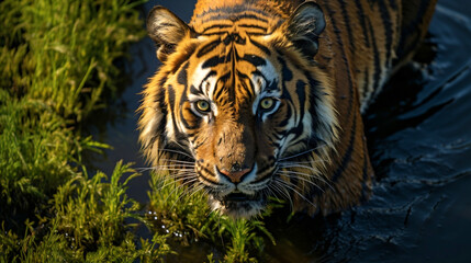Top view of close up view of a Malaysian tiger. Wildlife concept and copy space.