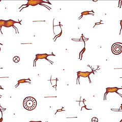 Seamless pattern composed of isolated watercolor set of cave drawings of deer, people hunting with bows, primitive images of the moon, stars, spiral on a white background