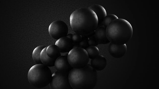 3D animation of flying, connecting, levitation black rubber balls