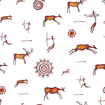 Seamless pattern composed of isolated watercolor set of cave drawings of deer, people hunting with bows, primitive images of the sun, spiral on a white background
