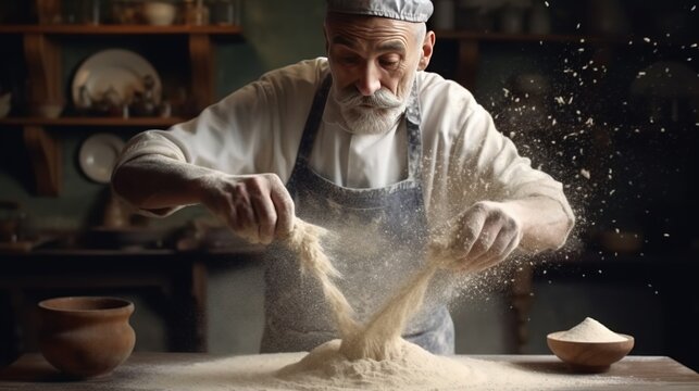 Generative AI, Old man hands of baker in restaurant or home kitchen, prepares ecologically natural pastries..