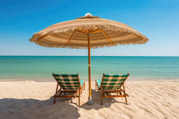 Tranquil Beach Chairs and Umbrella in Paradise. Generative AI