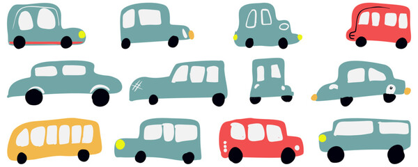 Cartoon vehicles, funny car toys, and playful characters for kids. Perfect for book covers, wallpapers, baby showers, apparel.