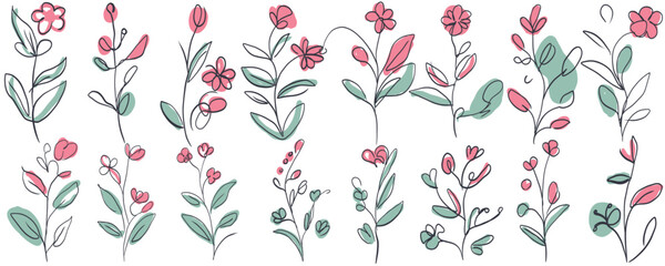 Flower line art Set of hand drawn shapes and doodle design elements. Exotic jungle leaves, flowers and plants.