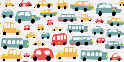 Seamless Pattern Cartoon vehicles, funny car toys, and playful characters for kids. Perfect for book covers, wallpapers, baby showers, apparel.