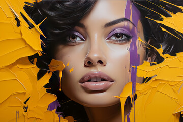 Beautiful portrait of a workman with purple and yellow colors, black hair.   © Saulo Studio