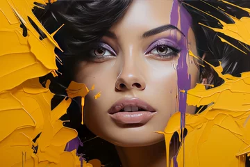 Beautiful portrait of a workman with purple and yellow colors, black hair.   © Saulo Studio