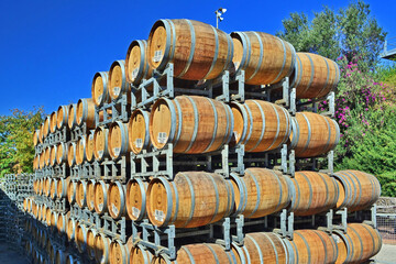 Wooden barrels for wine in the courtyard of the Golan Heights Winery, Israel