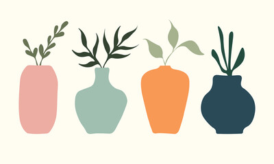 set, a collection of abstract vases with flowers, plants different colors and shapes. abstract objects, nature, green. flower in vase