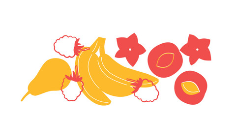 Appetizing fruit and berries collection. Decorative abstract horizontal banner with colorful doodles. Hand-drawn modern illustrations with fruit and berries, abstract elements. Abstract series