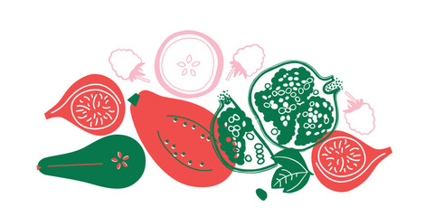 Appetizing fruit and berries collection. Decorative abstract horizontal banner with colorful doodles. Hand-drawn modern illustrations with fruit and berries, abstract elements. Abstract series
