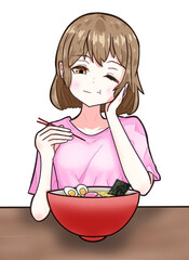 ラーメンを美味しそうに食べる女性