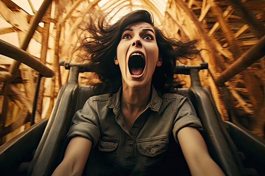 Scared Woman On Amusement Park Ride. Generative AI