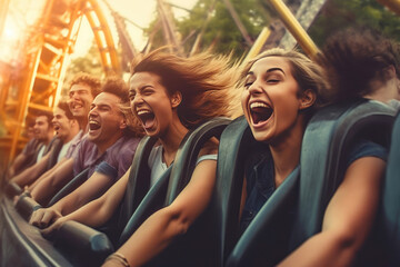 Fototapeta premium Young Friends Embracing Thrills on a Roller Coaster. Generative AI