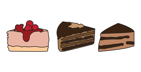 Sweet Chocolate Cake Dessert with Creme Pie Slice Piece Minimal Flat Line Outline Colorful and Stroke Icon Pictogram