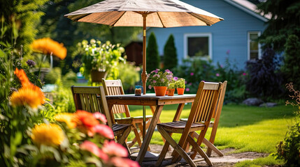 Enchanting Garden Picnic: Tables, Chairs, and Sun Umbrella. Generative AI