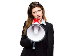 Megaphone, portrait and a business woman in studio for serious announcement, voice or speech. Frustrated female speaker in corporate clothes with a loudspeaker for broadcast on a white background