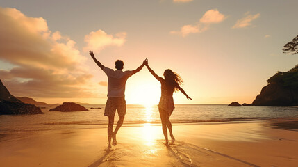 Sunset with Couple Walking on Tropical Beach at Dusk Till Dawn