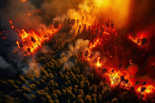 Aerial Perspective of a Burning Forest. Generative AI
