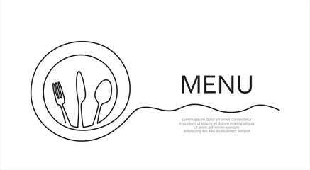 Continuous one line art or One Line Drawing of plate, knife and fork. Restaurant concept hand draw line art design vector illustration for cafe, shop or food delivery service