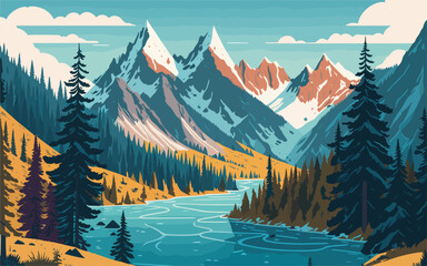 vector background illustration depicting a majestic mountain range with snow-capped peaks, lush forests, and a winding river. natural landscape, targeting outdoor adventure companies, travel agencies