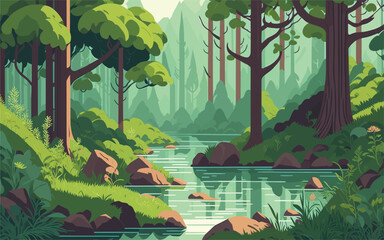 vector illustration serene forest glade with sunlight filtering through the trees, moss-covered rocks, and a gentle stream. tranquility and natural beauty, nature inspired brands, meditation apps, or - obrazy, fototapety, plakaty