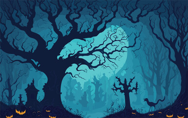vector background image that combines the beauty of nature with spooky Halloween elements, using intricate patterns and contrasting colors to depict a haunted graveyard with twisted trees, glowing
