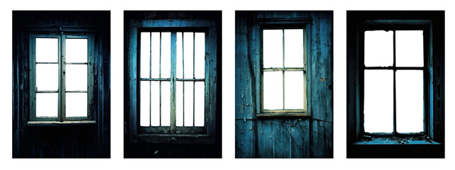 set of old wood window frames. Transparent PNG. Apocalyptic. Dystopian. Abandoned. 
