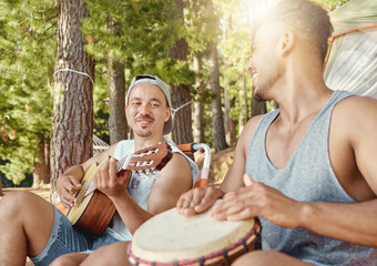 Musician, friends and camping with guitar, drum and together for music on summer, holiday in the...