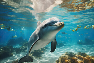 Fototapeta premium Dolphin underwater, Generative AI
