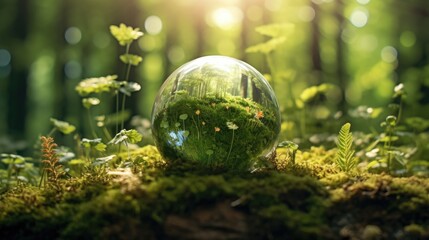 Glass sphere in the forest, grass and sun