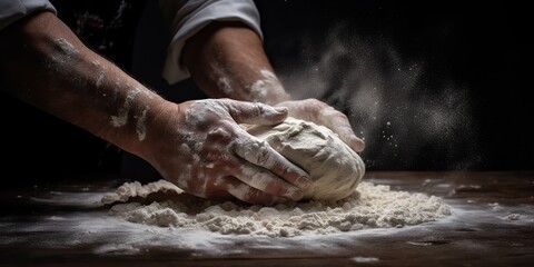 AI Generated. AI Generative. Bakery flour rolling hands prepare dough for pizza pasta food meal restaurant. Graphic Art - obrazy, fototapety, plakaty