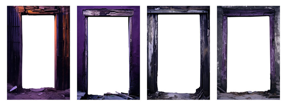 set of vintage old abandoned door entrance frames. Transparent PNG. Purple old wood. 