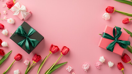 Fototapeta na wymiar Mothers Day decorations concept. Top view photo of trendy gift boxes with ribbon bows and tulips on isolated pastel pink background with copyspace