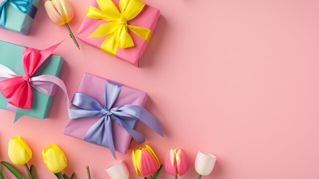 Mothers Day decorations concept. Top view photo of trendy gift boxes with ribbon bows and tulips on isolated pastel pink background with copyspace