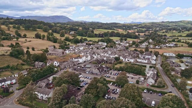 Drone, aerial footage of the historic village of Hawkshead a ancient town in the Lake District, Cumbria.