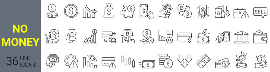 Set of 36 line web icons No dollar money bag. Bankruptcy. Financial Crime Related, Money Laundering. No cash. Collection of Outline Icons. Vector illustration.
